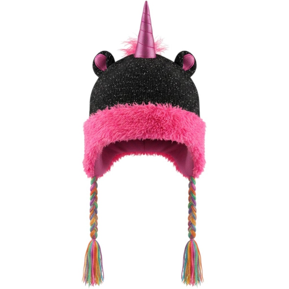 Capelli New York Girls Unicorn Knit Trapper Hat Black Pink Rainbow Metallic‎ S3